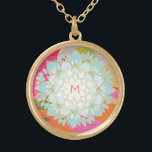 Collar Dorado Monograma de flor de Lotus con color<br><div class="desc">Hermoso ilustracion de loto azul dibujado a mano rodeado de un suave arcoiris de colores. Personaliza fácilmente con tu original,  incluso elige tu color de fuente deseado.</div>