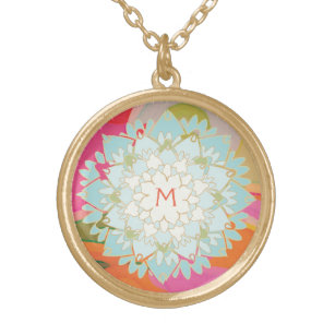 Collar Dorado Monograma de flor de Lotus con color