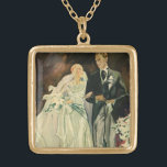 Collar Dorado Novia Boda y recién casados de arte vintage<br><div class="desc">El amor ilustracion vintage y el romance arte deco imagen con una novia y un novio caminando por el pasillo después de la ceremonia boda. El hombre lleva puesto un esmoquin y la mujer lleva puesto un vestido blanco boda y un ramo de flores de lirio calla. La feliz pareja...</div>