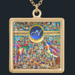 COLLAR DORADO PÁJAROS COLORIDOS Y PLANTAS FLORALES GIMNASIO AZUL<br><div class="desc">Flores de primavera vibrantes,  coloridas y pequeñas calabazas en oro y azul. Elegante,  artístico,  inspirado en el diseño,  esmaltes bohemios de estilo Art Nouveau de color azul turquesa,  rojo,  verde azulado,  amarillo dorado,  violeta,  blanco con piedra de zafiro azul 3D. Diseño gráfico digital,  modelado 3D por Bulgan Lumini (c)</div>
