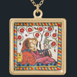 COLLAR DORADO PARCHE DEL EL DÍA DE SAN VALENTÍN DE AMOR ETERNO<br><div class="desc">Colorido y expresivo arte exquisito. La ceremonia medieval heráldica alemana de 1200 románticos enamorados en un jardín florido con un pájaro blanco, mezclado con viejos efectos pergaminos marrones. Fácil de personalizar como ceremonia boda, tarjeta nupcial de invitación, tarjetas de lugar, carta de agradecimiento, duchas de novias, duchas de compromiso romántico,...</div>
