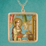 Collar Dorado San Cecilia NeoGótica de Roma (detalle; BNG 02)<br><div class="desc">En este detalle de una espléndida huella devocional suiza neogótica, se representa a Santa Cecilia de Roma (siglo III) tocando un órgano de tubo recto contra un fondo acuático adornado con puntos dorados y estrellas. Su largo pelo quemado se le cuelga y se tambalea sobre sus hombros y sobre su...</div>