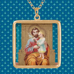 Collar Dorado San José con el niño pequeño Cristo<br><div class="desc">Este detalle de una huella devocional de fines del siglo XIX en Europa del Este muestra a San José sentado en un trono dorado con el Niño Cristo de pie sobre su rodilla. El Niño Jesús levanta su mano derecha en bendición y sostiene un rociado de lirios que simbolizan la...</div>