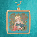 Collar Dorado St. Anne y el BVM en una hoja de quatrefoil con pú<br><div class="desc">Santa Ana, esposa de San Joaquín; madre de María, la Virgen Bendita; abuela de Jesús. Santa Ana enseñándole a Mary a leer las Escrituras de un libro o de un pergamino es, tal vez, *el motivo más familiar a los espectadores contemporáneos que presenta a este santo. Las estatuas de Santa...</div>