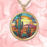 Collar Dorado Vidrio manchado de sol de Cactus del desierto<br><div class="desc">En estos pendientes únicos está la hermosa imagen de cactus desérticos frente a una puesta de sol abrasadora sobre montañas violetas. Los colores predominantes son el azul, el naranja, el oro y el verde. Elegante, luminoso y colorido. No olvide ver los pendientes y la cadena de llaves de nuestra tienda....</div>