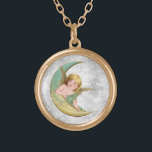 Collar Dorado *~* Vintage AP40 Classic Angels Gold MOON<br><div class="desc">(ID de búsqueda AP40 para diseños similares) Transferir a otros productos si lo desea. Vintage ROUND Gold NECKLACE con dulce arte clásico de un joven chica Ángel inclinado sobre la luna verde y dorada. * Antártico Romántico de Vintage Retro Antique Enérgicamente Mejorado Angel faux Purpurina de pavimento de diamante fondo....</div>
