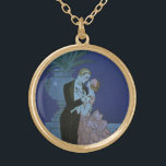 Collar Dorado Vintage Art Deco Newlyweds, Oui de George Barbier<br><div class="desc">El amor de ilustracion vintage y el romance arte deco imagen con un hombre y una mujer vestidos con traje formal bailando a la luz de la luna; ella está en un elegante vestido de novia que se parece a una flor con pétalos y está en su mejor esmoquin. La...</div>