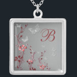 Collar Monogramado Floral Rojo y Plateado<br><div class="desc">Este collar de flores rojas y plateadas con mariposas y monogramas de plata coincide con la invitación a la boda que se muestra a continuación y haría un regalo encantador para las damas de honor, la dama de honor y el chica de flores. Sólo cambia la "B" a cualquier inicial...</div>