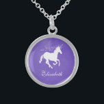 Collar morado de unicornio<br><div class="desc">Personalice un regalo único para sus damas de honor con un collar morado de unicornio. El diseño del collar tiene un fondo estelar con un unicornio adornado con estrellas. Personaliza con el nombre de la dama de honor para recordar tu gran día. También hay material de boda adicional disponible con...</div>