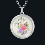 Collar Plateado Acuarela de la esperanza y del amor de la fe<br><div class="desc">Ramo floral bonito con el texto de la fe,  del amor y de la esperanza.</div>
