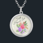 Collar Plateado Acuarela de la esperanza y del amor de la fe<br><div class="desc">Ramo floral bonito con el texto de la fe,  del amor y de la esperanza.</div>