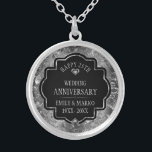 Collar Plateado Aniversario del Boda Plata y Negro 25<br><div class="desc">Imagen de un damasco floral plateado y brillante con diamantes blancos y texto de personalizable,  '25º aniversario del Boda.</div>