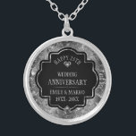 Collar Plateado Aniversario del Boda Plata y Negro 25<br><div class="desc">Imagen de un damasco floral plateado y brillante con diamantes blancos y texto de personalizable,  '25º aniversario del Boda.</div>