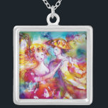 COLLAR PLATEADO BAILE DE CARNAVAL 2<br><div class="desc">Colorido, elegante y vibrante diseño de arte fino con bailarinas románticas de carnaval :Figuras de baile caprichosas, hermosa mujer rubia con disfraces de gorjones brillantes está bailando con un joven Harlequin. Pintura acuarela de color rosa brillante, fucsia, verde, rojo, azul, amarillo , chispas doradas inspiradas en la Comedia del Arte...</div>