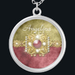 Collar Plateado Boda verde oliva del damasco del oro rojo<br><div class="desc">Este collar plateado plata con un colgante redondo, tiene una cadena hermosa del oro con un rubí embutido en un corchete cuadrado, sistema entre un rojo de vino vibrante y el oro de la antigüedad, damasco infundido, fondo del ante de imitación. Hay una plantilla del texto para su nombre o...</div>