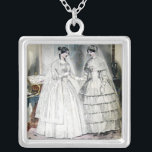 Collar Plateado Boda victoriana vestida con dos mujeres<br><div class="desc">La imagen de la obra de arte del vestido boda victoriano proviene de una revista de 1850 que presenta la moda boda más moderna del día. ¡Hermoso arte!</div>
