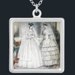 Collar Plateado Boda victoriana vestida con dos mujeres<br><div class="desc">La imagen de la obra de arte del vestido boda victoriano proviene de una revista de 1850 que presenta la moda boda más moderna del día. ¡Hermoso arte!</div>