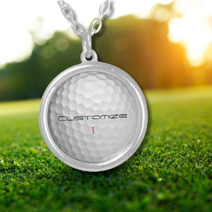 Collar Plateado Bola de golf con texto y número personalizados