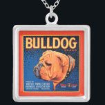 Collar Plateado Bulldog sobre un fondo azul<br><div class="desc">Impresión de una etiqueta vintage de la caja que ilustra un bulldog con un fondo con estampado azul y un borde naranja. Elija esta impresión de arte en su producto Zazzle hoy.</div>