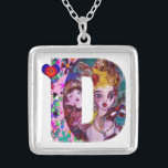 COLLAR PLATEADO CARTA VALENTINE VENETIAN MASQUERADE MONOGRAM D<br><div class="desc">Letra D alfabeto diseño inicial con corazón. Espectáculo vibrante y artístico con confeti colorido...  Amor mítico entre Harlequin y Columbine,  pintura acrílica inspirada en máscaras de plumas venecianas y Commedia dell'arte - Venecia. Colores verdes color rosa rosa violeta claro.</div>