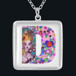 COLLAR PLATEADO CARTA VALENTINE VENETIAN MASQUERADE MONOGRAM D<br><div class="desc">Letra D alfabeto diseño inicial con corazón. Espectáculo vibrante y artístico con confeti colorido...  Amor mítico entre Harlequin y Columbine,  pintura acrílica inspirada en máscaras de plumas venecianas y Commedia dell'arte - Venecia. Colores verdes color rosa rosa violeta claro.</div>