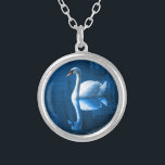 Collar Plateado cisne blanco bonito flotando en un lago azul<br><div class="desc">Una hermosa escena natural de un cisne blanco nadando en un tranquilo lago azul. Las sombras de color azul oscuro contrastan con la iluminación azul suave de este tranquilo cisne.</div>