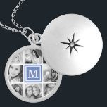 Collar Plateado Collage de fotos monograma azul<br><div class="desc">Collage de cestas de sake con el collage de fotos de tu personalizado en Instagram y personalizado con tu primer monograma. Haga clic en Personalizar para cambiar la fuente y el color de monograma y personalizar aún más el diseño. ¡Un gran regalo para la familia,  amigos,  padres y abuelos!</div>