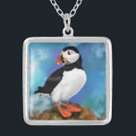Collar plateado de pájaros de aleta de aleta de al<br><div class="desc">Hermosa pintura de pájaros del atlántico de púffin de atún de color de agua</div>