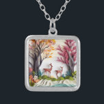Collar Plateado Deers in Forest Unique Art<br><div class="desc">Hermosa imagen de ciervos en un bosque al estilo de papel en capas para lucir 3D. Se trata de una imagen plana impresa en capas o en 3D.</div>