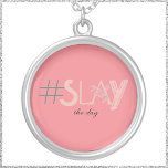 Collar Plateado El Día de la Alarma Rosa y Beige<br><div class="desc">Diseño decorativo #SLAY con tipografía mixta.</div>