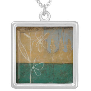 Collar Plateado Esbozo floral con flores silvestres y plantas