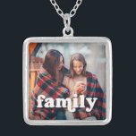 Collar Plateado Family | Boho Text Overlay with Your Photo<br><div class="desc">This simple and stylish necklace features your personal photo,  along with the word "family" in boho white modern typography.</div>