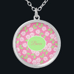 Collar Plateado Floral verde y rosa chic de Shabby personalizada<br><div class="desc">Shabby Chic Necklace con flores verdes y rosas personalizadas</div>