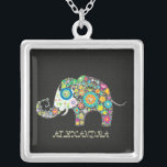 Collar Plateado Flores En Forma De Elefante<br><div class="desc">Flores retro coloridas en forma de elefante. El diseño está disponible en muchos otros productos. A petición de todos los productos.</div>