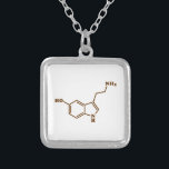 Collar Plateado Fórmula química molecular de la serotonina<br><div class="desc">Compuesto orgánico esquelético químico de la fórmula estructural del ~ de la molécula de la serotonina.

Los trotones del globo se especializan en imágenes idiosincrásicas alrededor del globo. Aquí usted encontrará tarjetas de felicitación,  las postales,  los posters,  Mousepads y más únicos.</div>