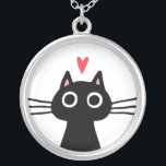 Collar Plateado Gato negro con corazón| Quirky Kitten<br><div class="desc">Un caprichoso gato negro con grandes ojos redondos. Un divertido accesorio de moda para los amantes del kitty. Hace un lindo regalo de El día de San Valentín para adolescentes, adolescentes y damas de gatos geniales. Visita el mundo del doodle de Jenn por prendas y regalos aún más divertidos con...</div>