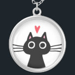 Collar Plateado Gato negro con corazón| Quirky Kitten<br><div class="desc">Un caprichoso gato negro con grandes ojos redondos. Un divertido accesorio de moda para los amantes del kitty. Hace un lindo regalo de El día de San Valentín para adolescentes, adolescentes y damas de gatos geniales. Visita el mundo del doodle de Jenn por prendas y regalos aún más divertidos con...</div>
