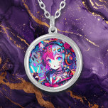Collar Plateado Glitchcore Colorful Anime Chica<br><div class="desc">Anime glitchcore chica dando un signo de paz con auriculares,  notas musicales y orejas zorro color morado,  rosa,  azul y negro arte ai.</div>