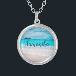 Collar Plateado Hawaii azul océano sandía playa foto nombre de cos<br><div class="desc">Recuerde el fresco olor a sal del aire del océano cada vez que utilice esta impresionante foto de colores vivos, un collar de encanto de nombre personalizado. Este collar se presenta en pequeños, medianos y grandes tamaños, así como en forma cuadrada y circular. Puedes pedir este collar en tu elección...</div>
