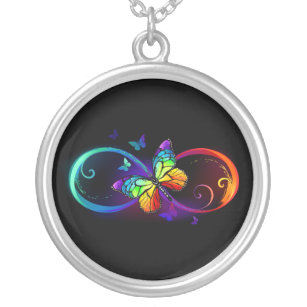 Collar Plateado Infinidad vibrante con mariposa arco iris sobre ne