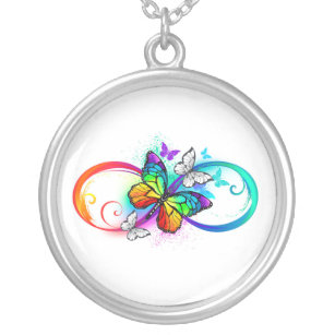 Collar Plateado Infinito brillante con mariposa arco iris