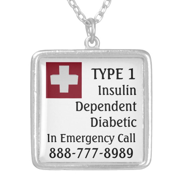 Collar Plateado Insulina Dependiente Diabética TIPO 1 Cruz Médica (Frente)