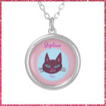 Collar Plateado Kitty retro rosa y azul purring<br><div class="desc">Pie rosa y azul retro. Jugador. Genial.</div>