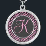 Collar Plateado Letra de lujo K del estampado de zebra rosado<br><div class="desc">Script la letra K en rosa en un fondo negro y rosado del estampado de zebra.</div>