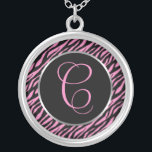 Collar Plateado Letra rosa cebra de papel de impresión C<br><div class="desc">Letra manuscrita A en rosa sobre un fondo de impresión de cebra negro y rosa.</div>