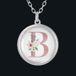 Collar Plateado Letra rosa monograma floral B color de agua Bouque<br><div class="desc">Collares de monograma con su inicial en flores purpurinas y acuarelas. La letra floral B está diseñada en un purpurina rosado polvoriento, adornada con un ramo de flores rosadas y marfil y de vegetación. Un regalo encantador para cualquier mujer y cualquier ocasión. También una idea encantadora como un favor de...</div>