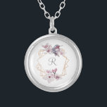 Collar Plateado Marco dorado Monograma rosa blanco Magnolias<br><div class="desc">Personalice este elegante marco dorado rosado blanco y gris con un collar de magnolias con su original. Elegante y bonito.</div>