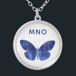 Collar Plateado Mariposa color azul monograma<br><div class="desc">pintura de mariposa color azul bonito con iniciales monográficas de tipografía moderna que se pueden cambiar para personalizar. Arte original de Nic Squirrell.</div>