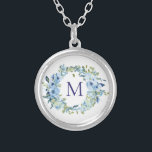 Collar Plateado Monograma Blue Green Floral Agua Botánica<br><div class="desc">Un hermoso collar de acuarela botánica floral azul monogramado para ella. Estos hacen grandes regalos de dama de honor.</div>