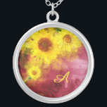 Collar Plateado *~* Monograma del país de girasol ruso de Borgoña<br><div class="desc">* Monograma / Original Rústico Vintage botánico encanto Borgoña Dorado Flores Florales y Acuarela Amarillo Girasol Creativo Diseño moderno Único. *Este alegre y moderno País Rústico Vintage adorable Soft Gran Acuarela Amarillo girasoles en un Abstracto Merlot de Borgoña y Oro hacen un diseño muy atractivo.Collar Espiritual Espiritual de Nueva Edad,...</div>